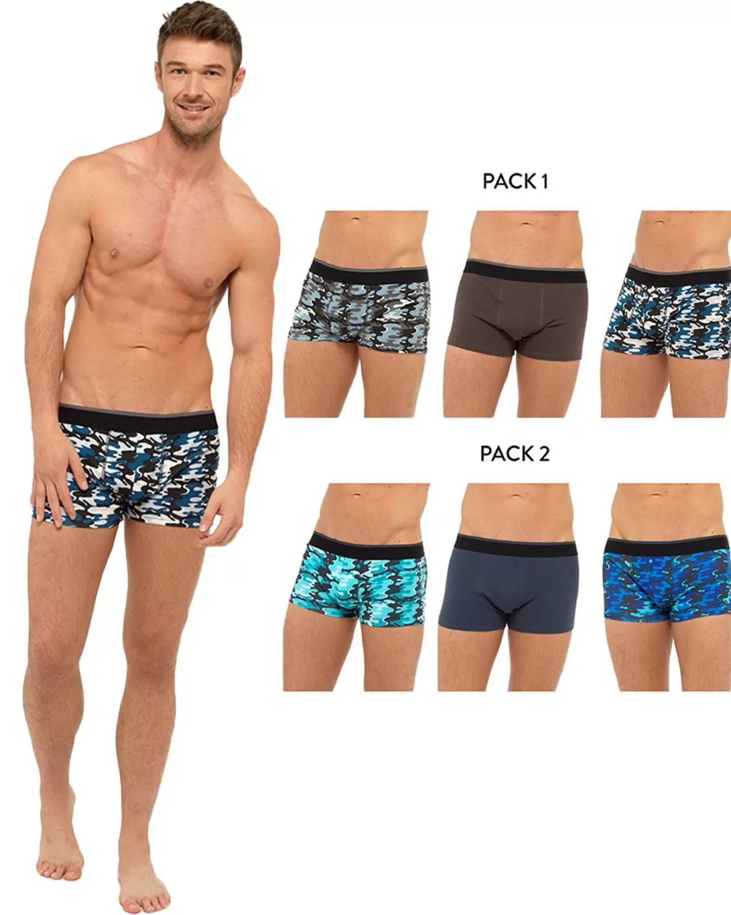 Men Tom Franks 6 Pack Camo Hipster Trunk Boxers