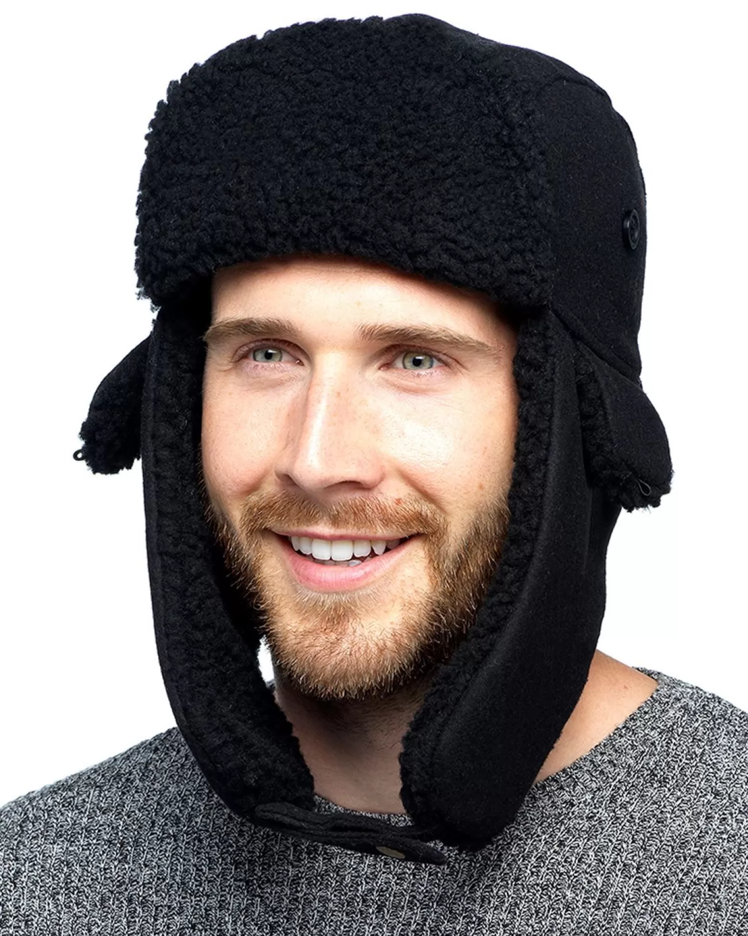 Men Tom Franks Trapper Hat With Borg Fleece Trim - Black
