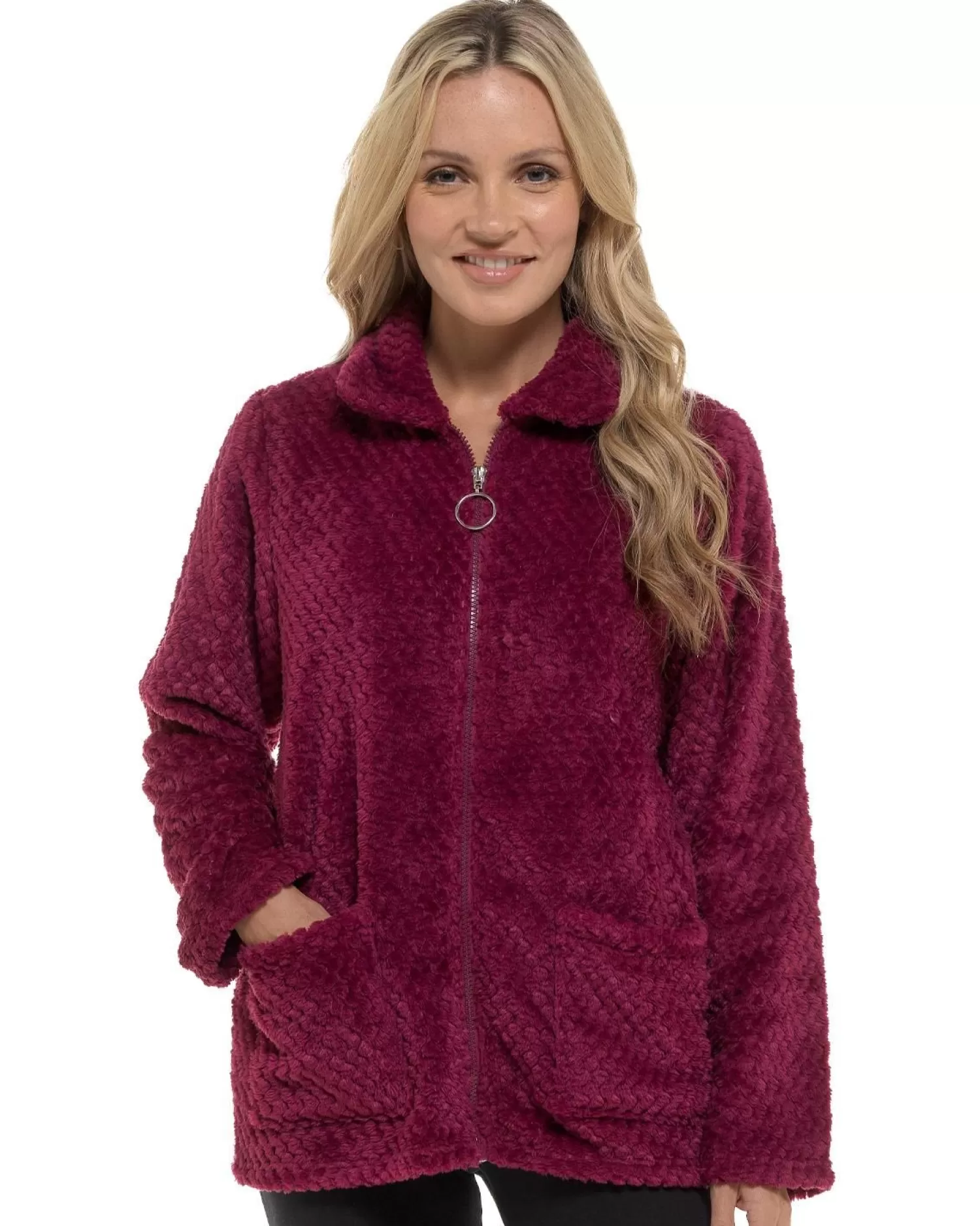 * Dressing Gowns | Waffle Fleece Zip Bed Jacket - Raspberry