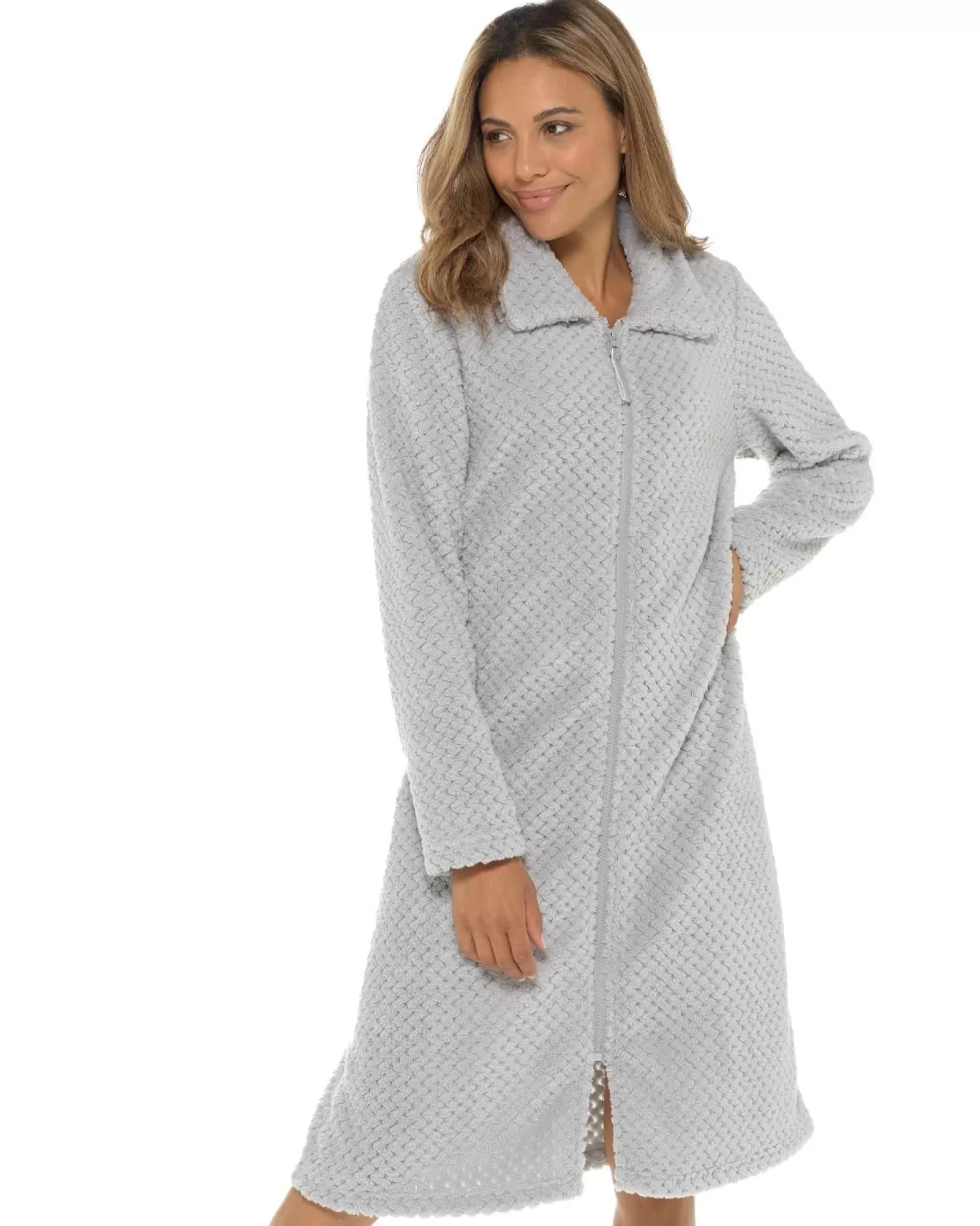 * Dressing Gowns | Waffle Fleece Zip Dressing Gown - Grey