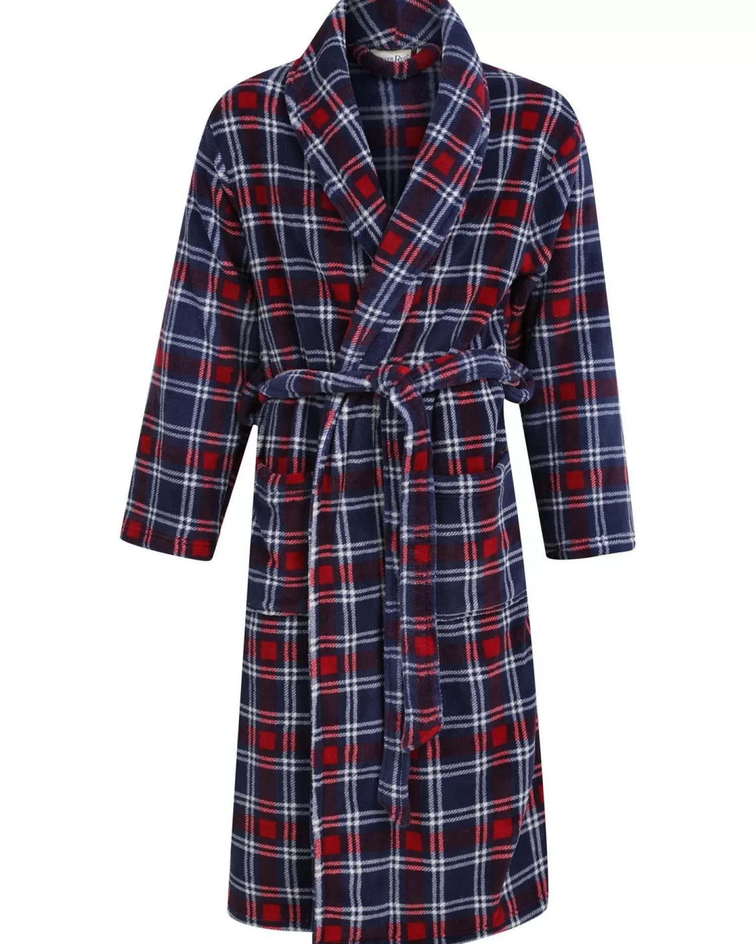Men Walker Reid Check Coral Fleece Robe - Navy