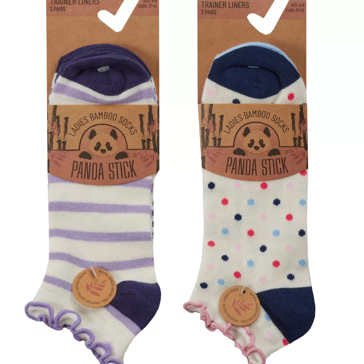 PandaStick Socks | Womens 6 Pack Bamboo Frilly Trainer Socks - Spots & Stripes