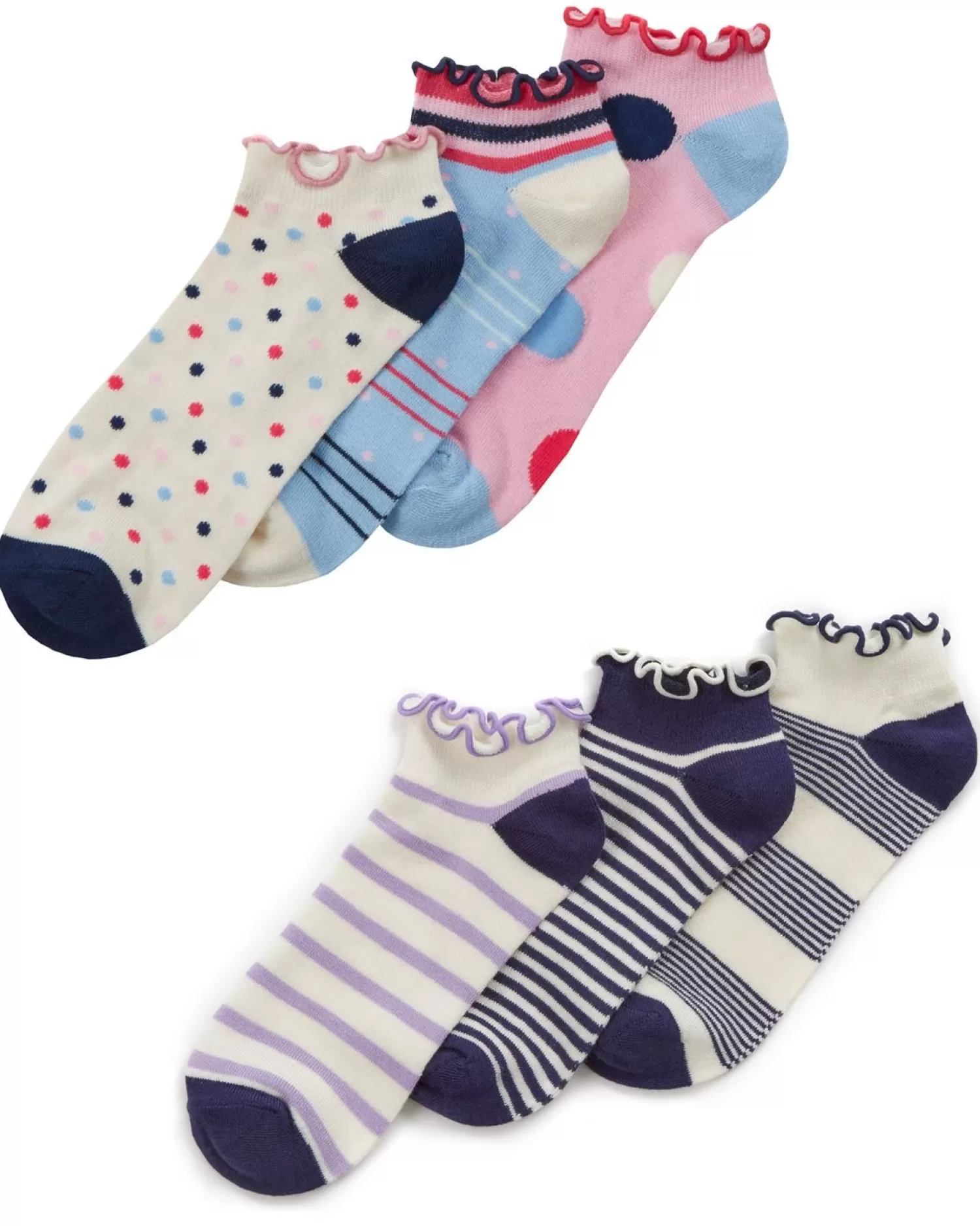 PandaStick Socks | Womens 6 Pack Bamboo Frilly Trainer Socks - Spots & Stripes