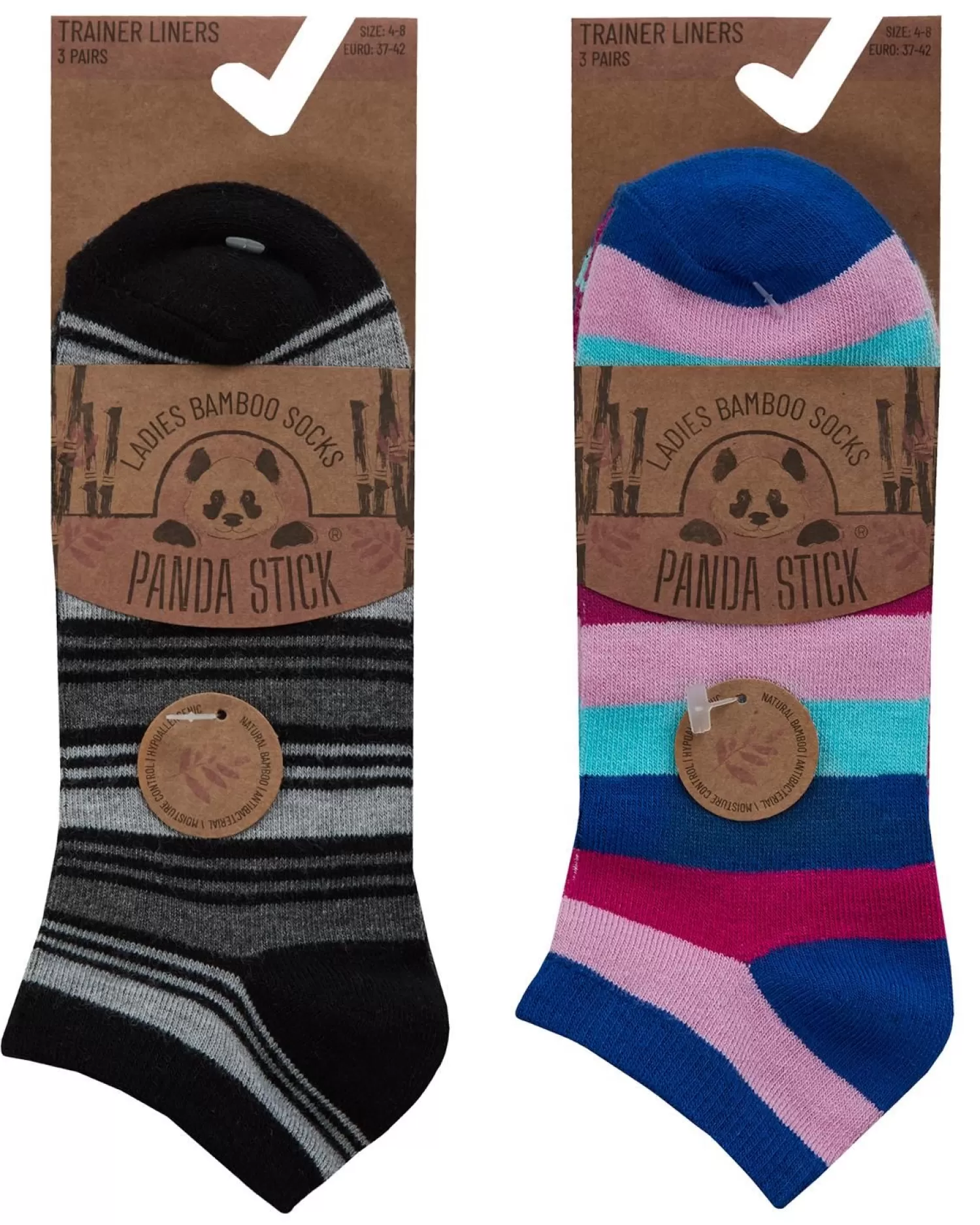 PandaStick Socks | Womens 6 Pack Bamboo Trainer Socks - Stripe Mix