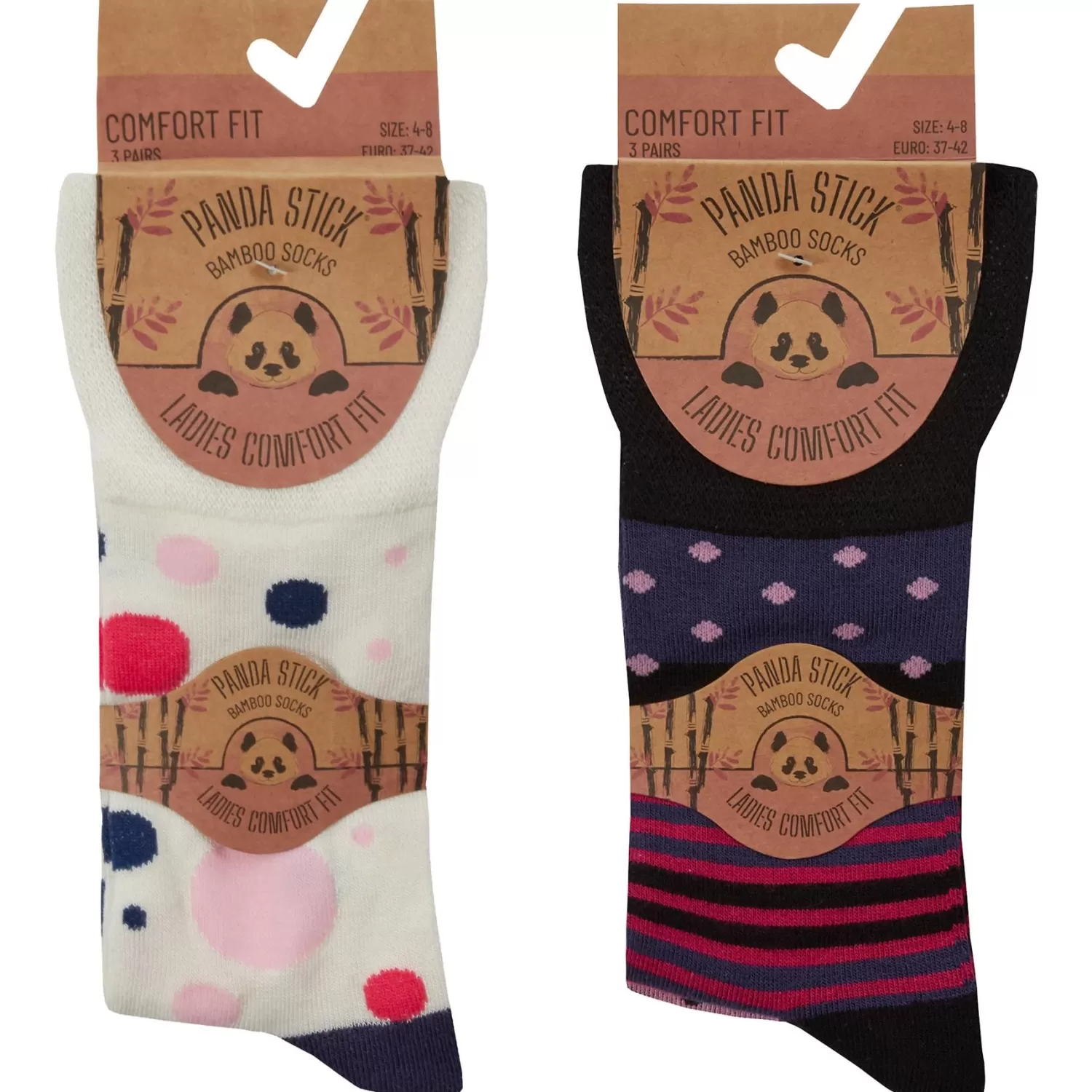 PandaStick Socks | Womens 6 Pack Comfort Fit Bamboo Socks - Spots & Stripes