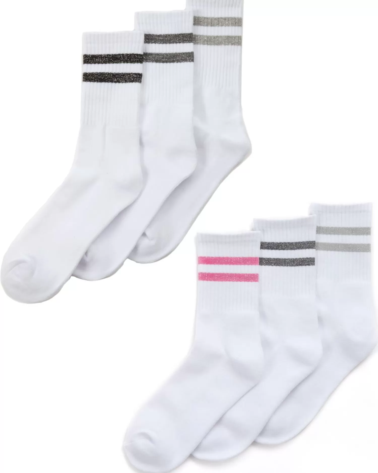 Street Essentials Socks | Womens 6 Pack White Ribbed Glitter Stripe Sport Socks