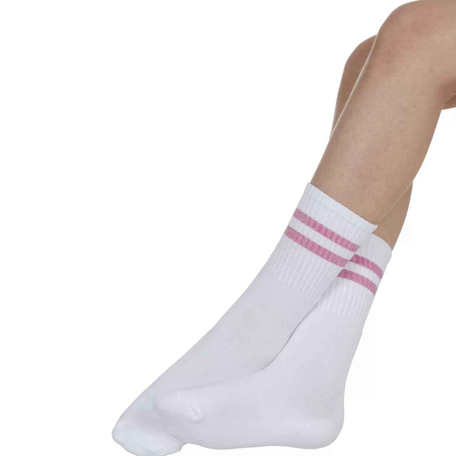 Street Essentials Socks | Womens 6 Pack White Ribbed Glitter Stripe Sport Socks