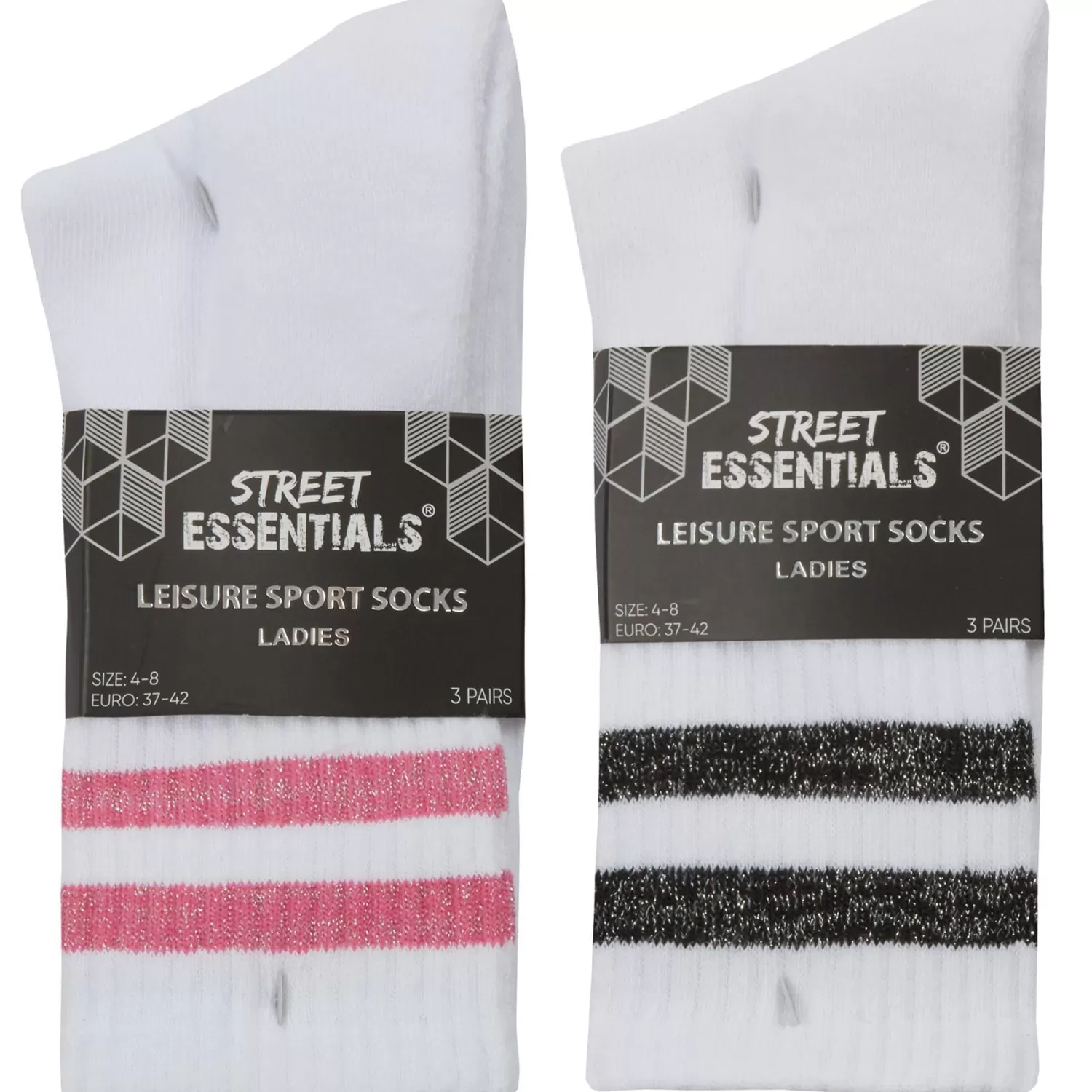Street Essentials Socks | Womens 6 Pack White Ribbed Glitter Stripe Sport Socks